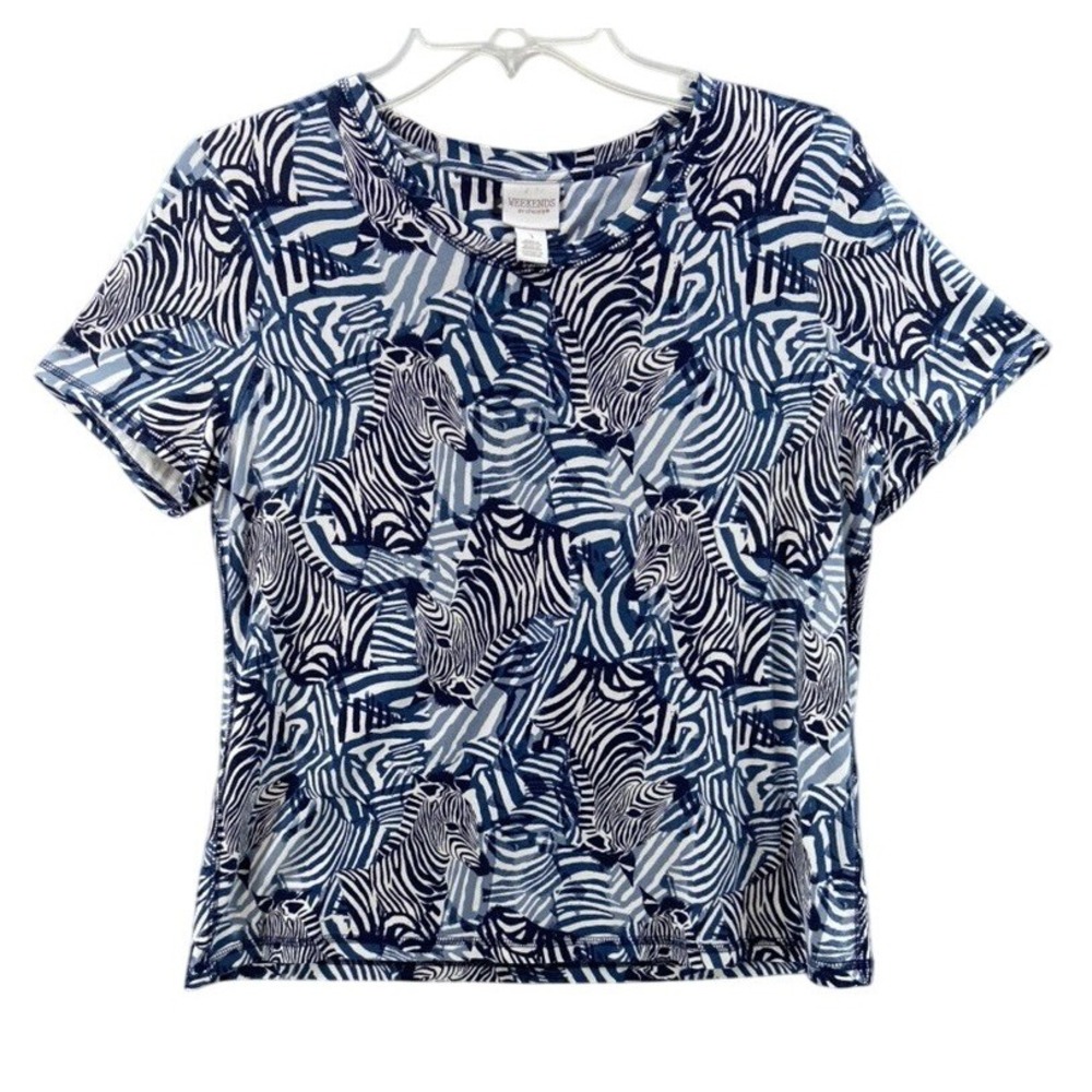 Weekends by Chicos Shirtโ Womens Sz 1 M 8 Blue Zebra Animal Short Sleeve Tee